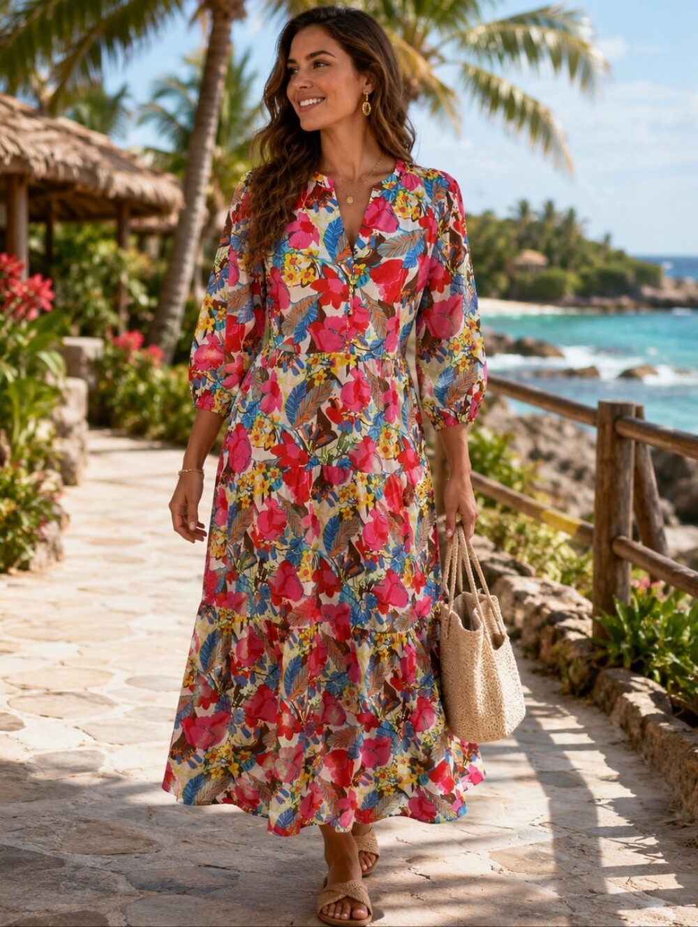 J. McLaughlin Tybee Tropical Floral Tiered Cotton Midi Dress L Resort Vacation
